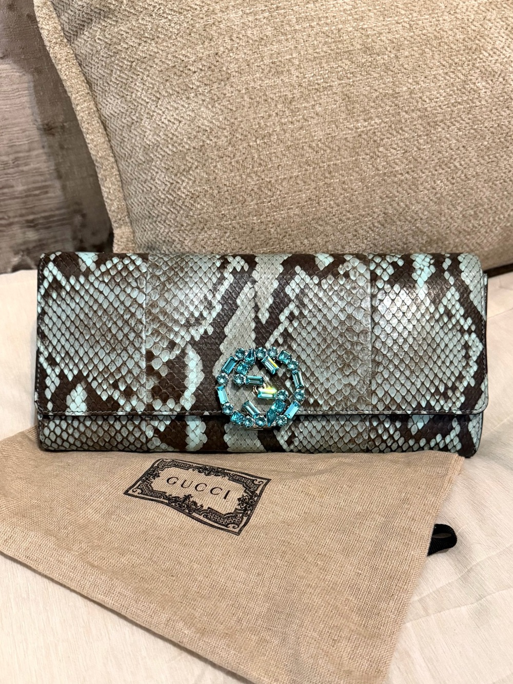 Gucci Blue Snakeskin Crystal-Embellished Broadway Clutch